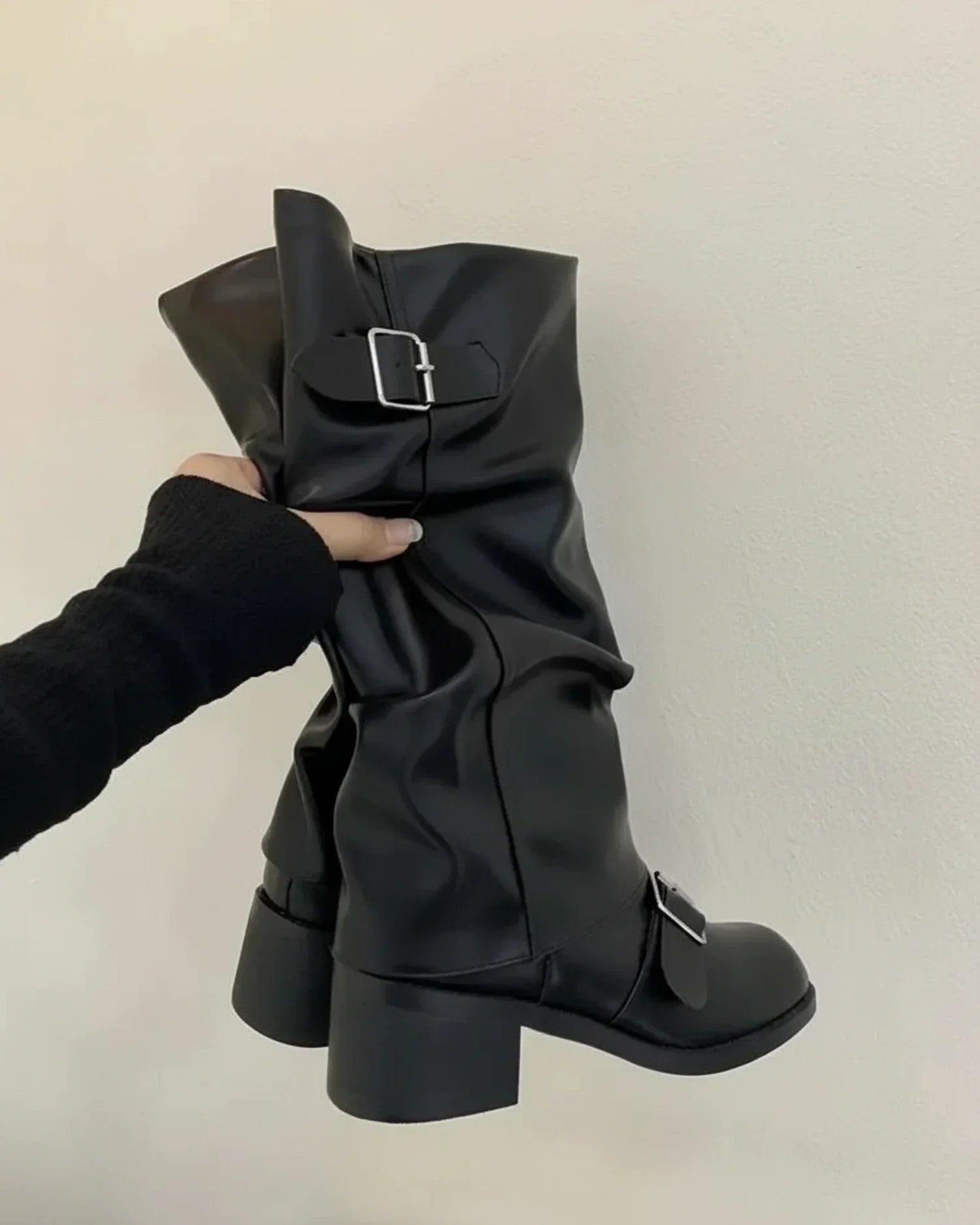 Luvrefashion | Ladies' Knee High Boots with Buckle Detail in Black - side view