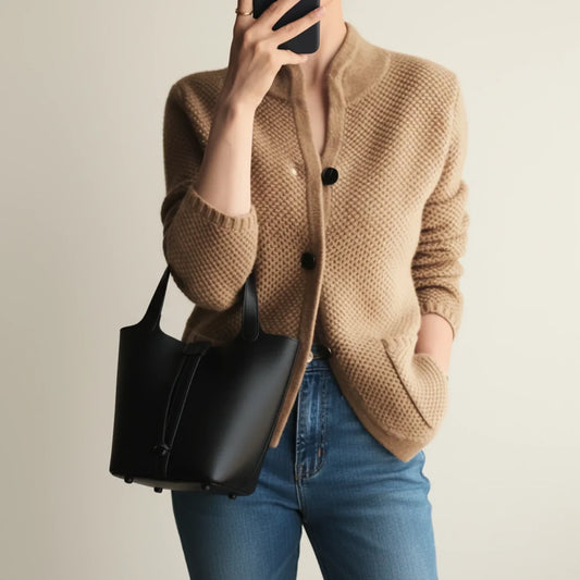 Luvrefashion | Ladies' Knitted Winter Cardigan Sweater in Brown - front view