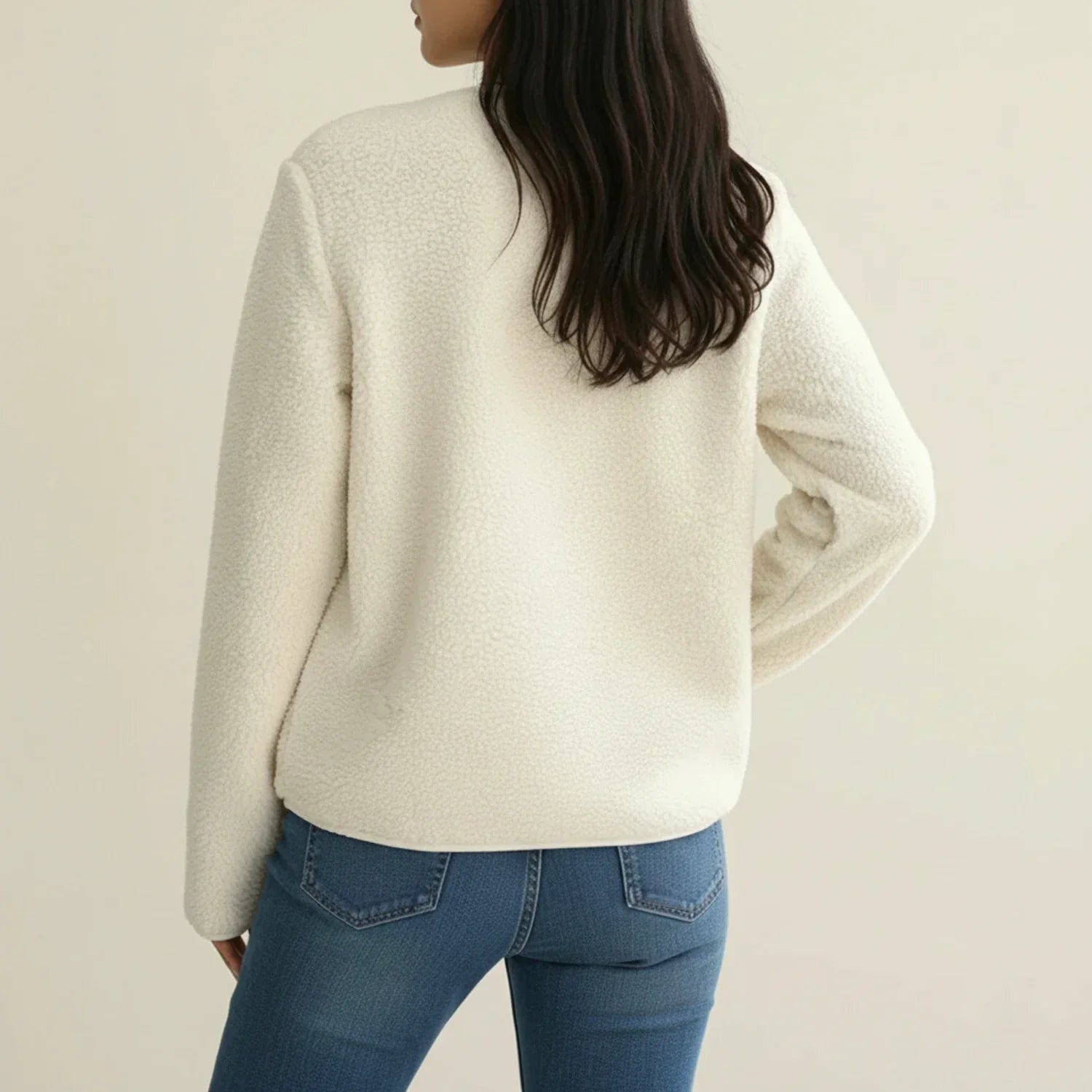 Luvrefashion | Ladies' Crew Neck Cardigan Blazer in White - back view