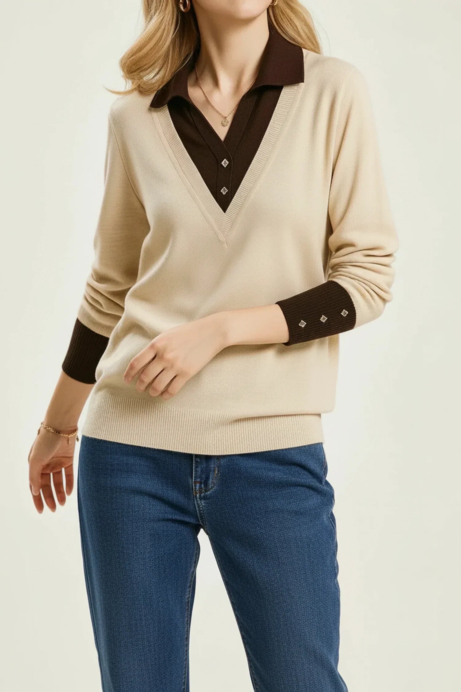 Luvrefashion | V Neck Sweater with Collar for in Brown - image 7