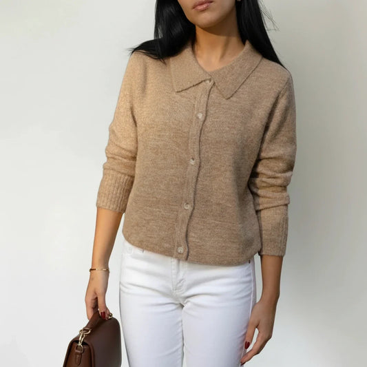 Luvrefashion | Winter Cardigan Sweater with Collar for in Beige - front view