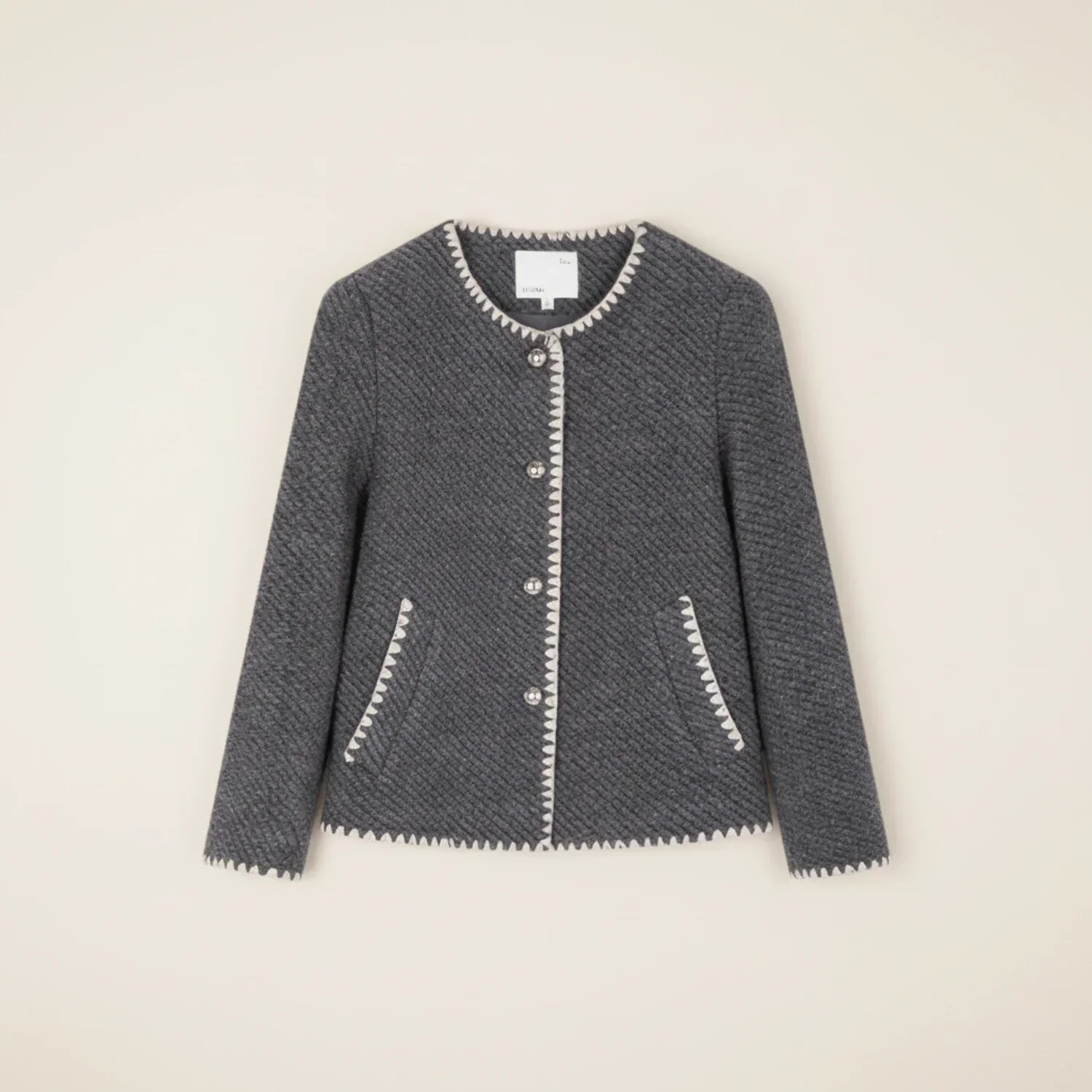 Luvrefashion | Collarless Knit Cardigan Jacket for in Dark Gray - detail view