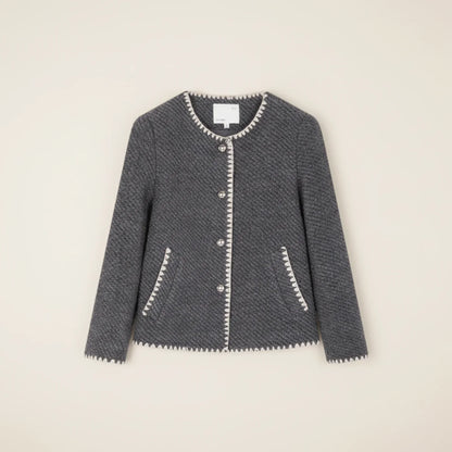 Luvrefashion | Collarless Knit Cardigan Jacket for in Dark Gray - detail view