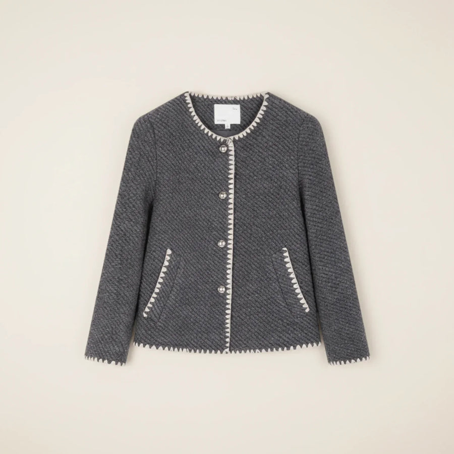 Luvrefashion | Collarless Knit Cardigan Jacket for in Dark Gray - detail view