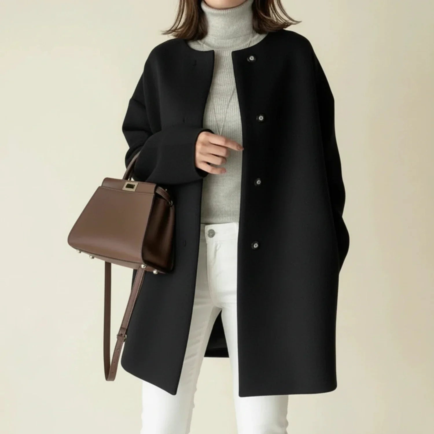 Luvrefashion | Sleek Collarless Winter Coat in Black - front view