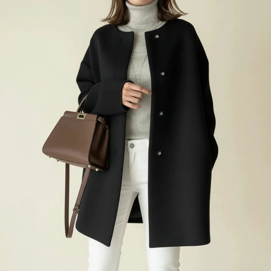 Luvrefashion | Sleek Collarless Winter Coat in Black - front view