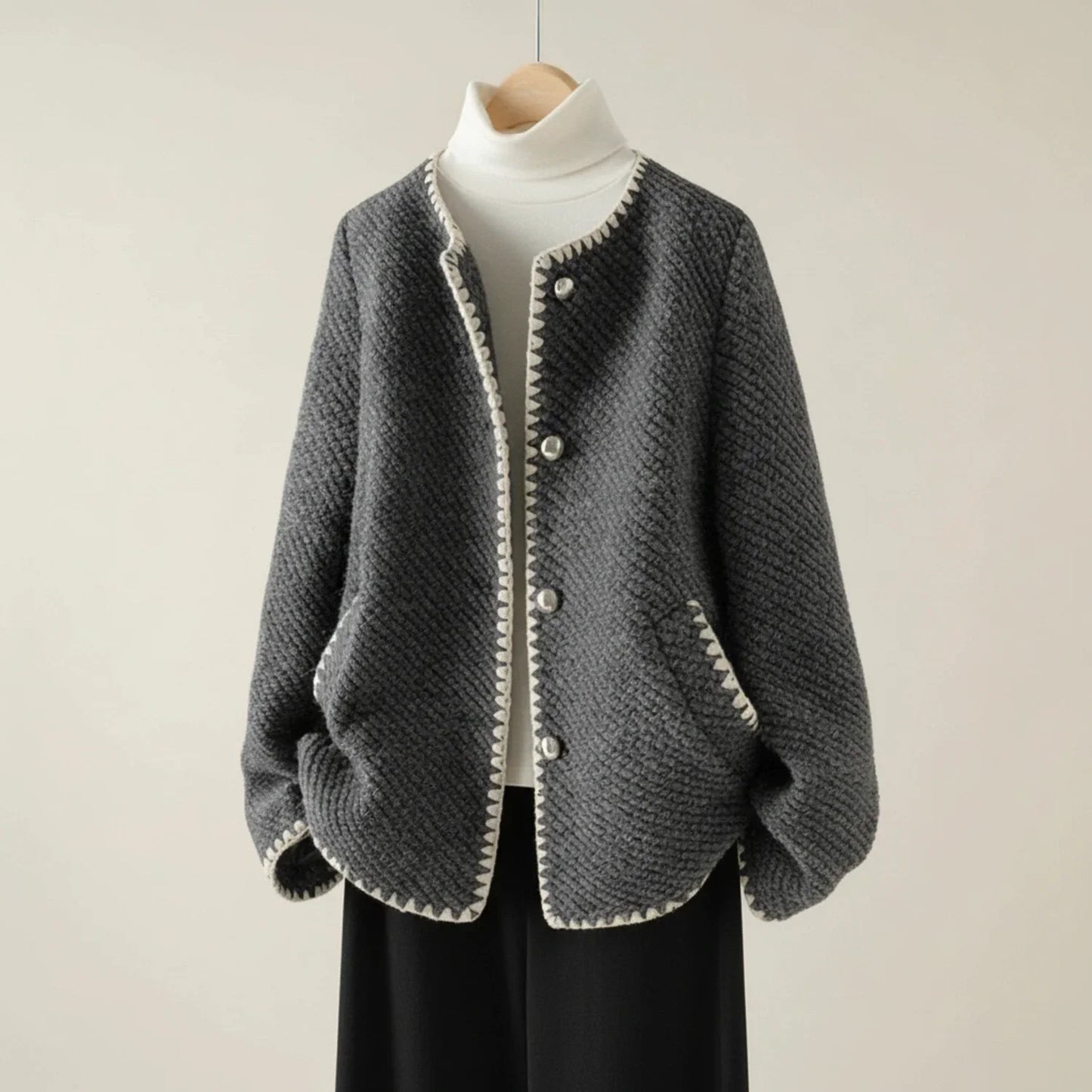 Luvrefashion | Collarless Knit Cardigan Jacket for in Dark Gray - front view