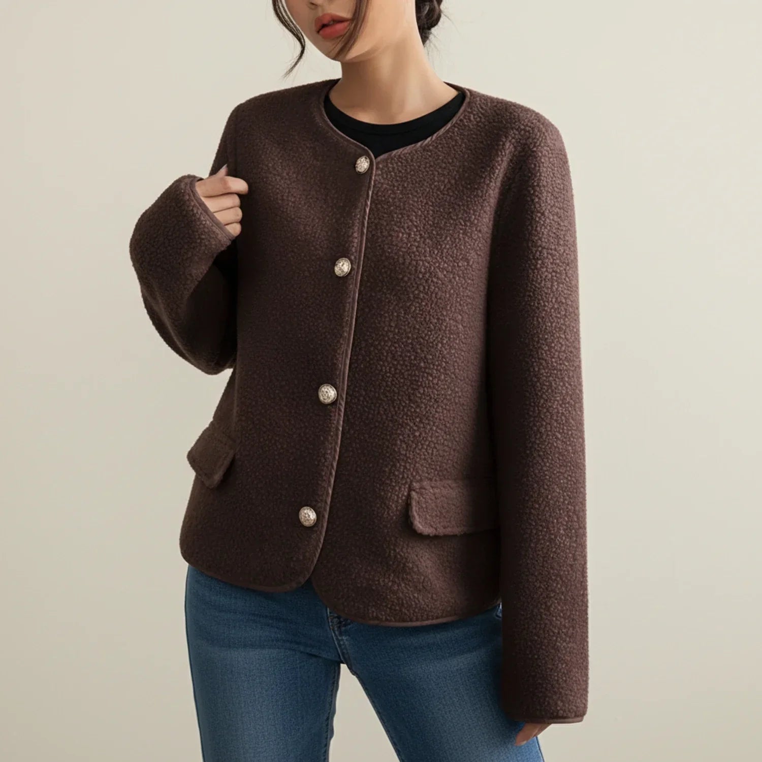 Luvrefashion | Collarless Tweed Inspired Jacket for in Dark Brown - side view