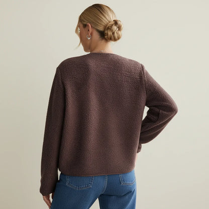 Luvrefashion | Collarless Tweed Inspired Jacket for in Dark Brown - back view
