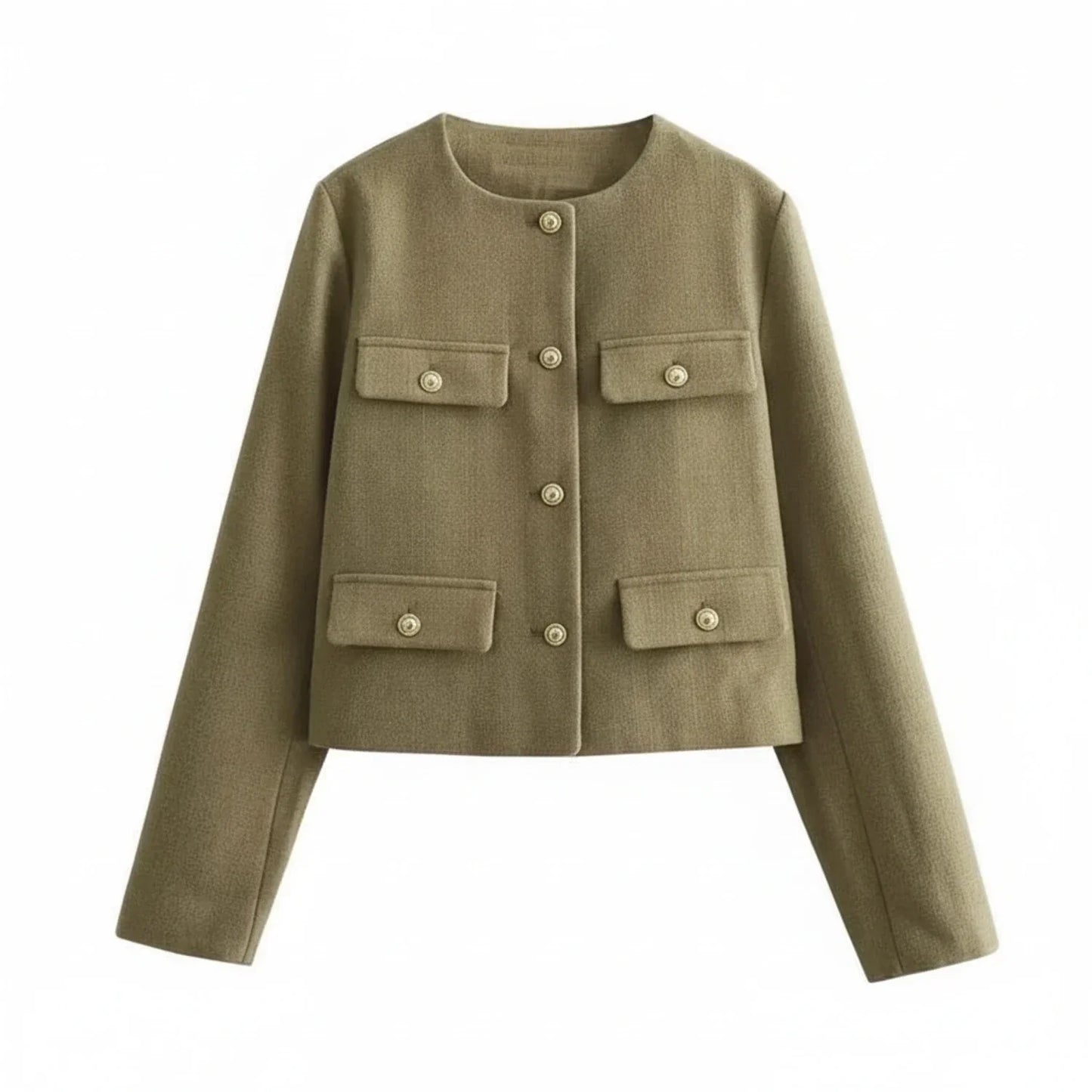 Luvrefashion | Cropped Collarless Blazer for in Khaki - front view