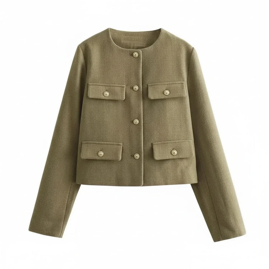 Luvrefashion | Cropped Collarless Blazer for in Khaki - front view