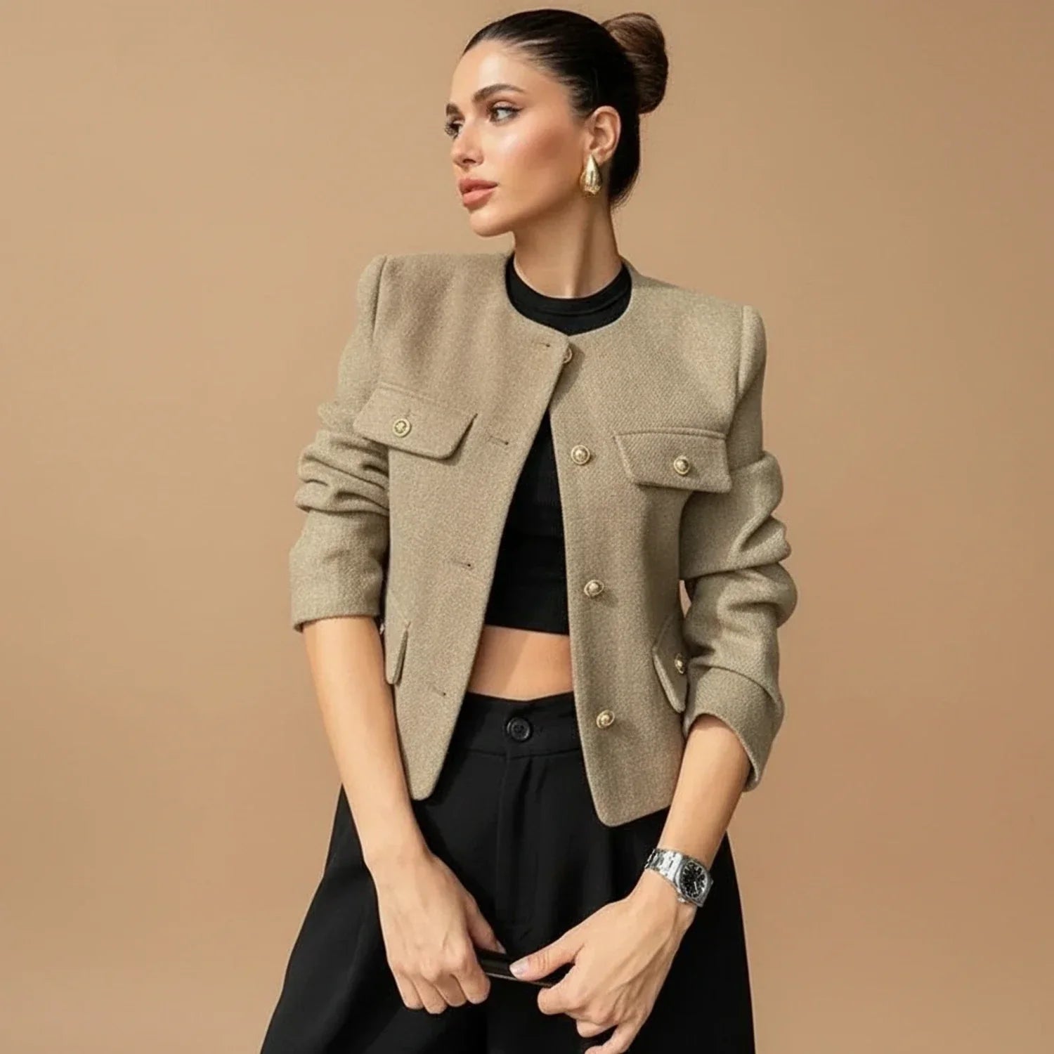 Luvrefashion | Cropped Collarless Blazer for in Khaki - back view