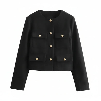 Luvrefashion | Cropped Collarless Blazer for in Khaki - detail view