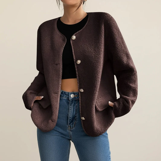 Luvrefashion | Collarless Tweed Inspired Jacket for in Dark Brown - front view