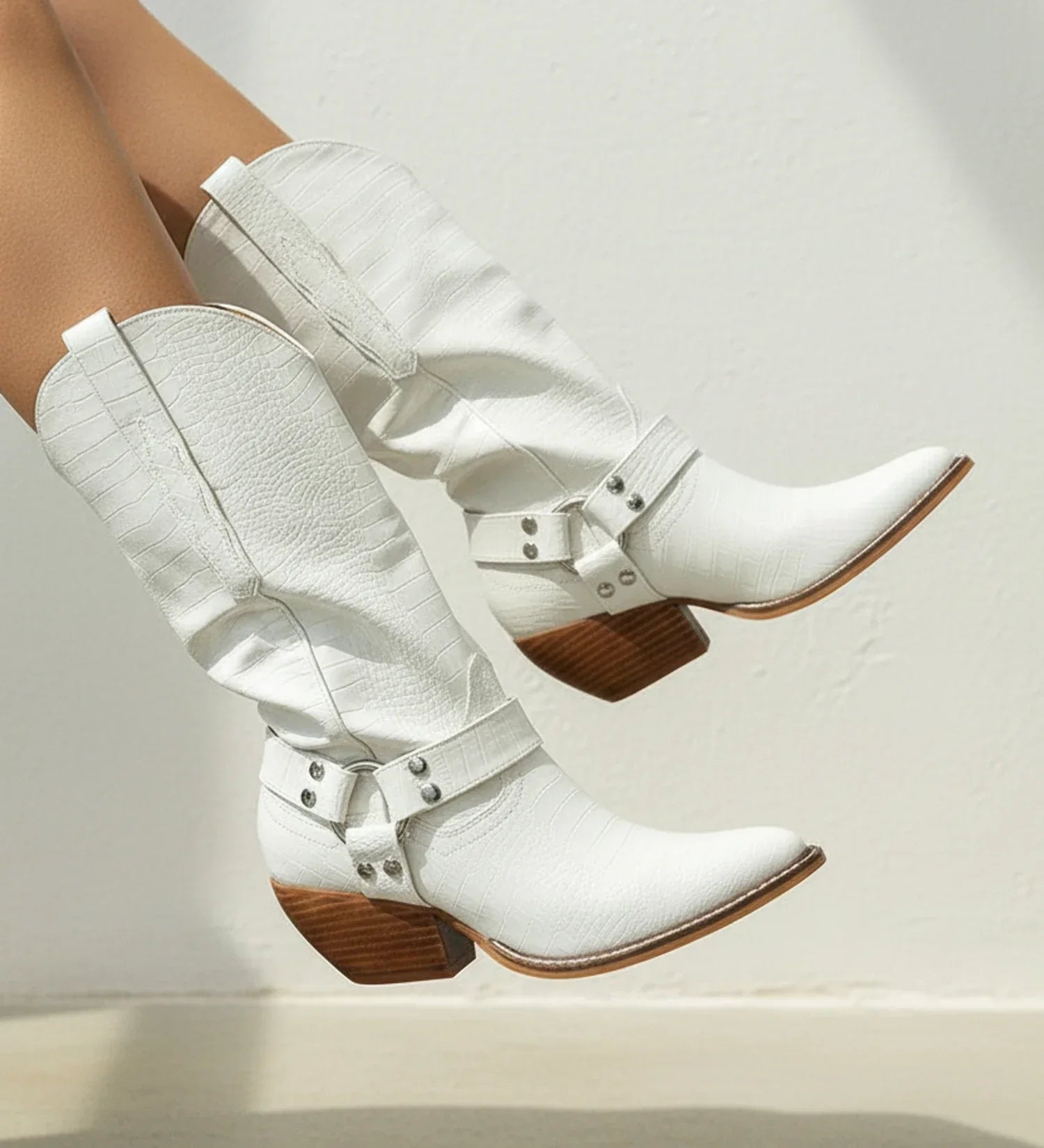 Luvrefashion | White Western Boots with Harness Straps for in White - front view