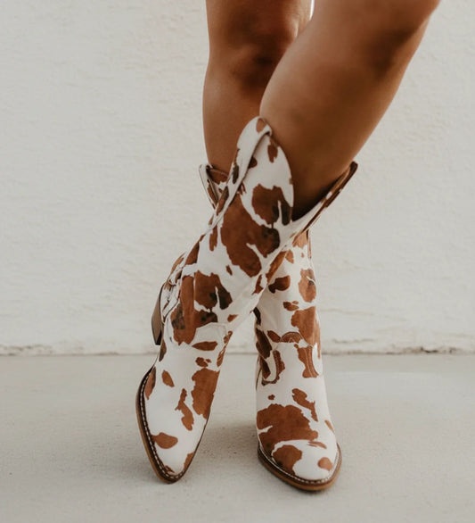 Luvrefashion | Western Boots in Cow Print Design in Brown - front view
