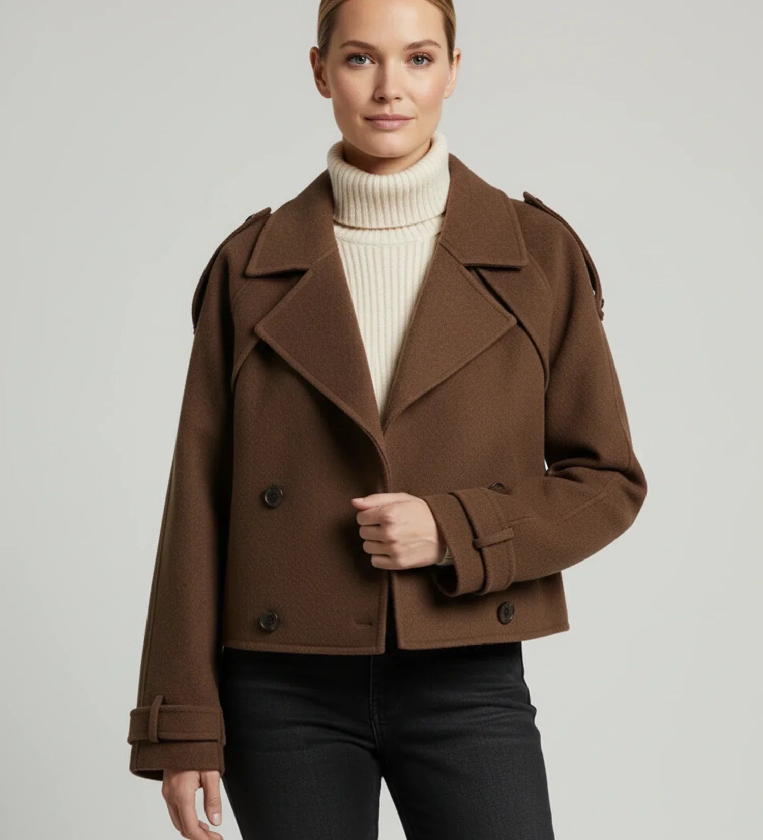 Luvrefashion | Double Breasted Cropped Coat for in Brown - front view