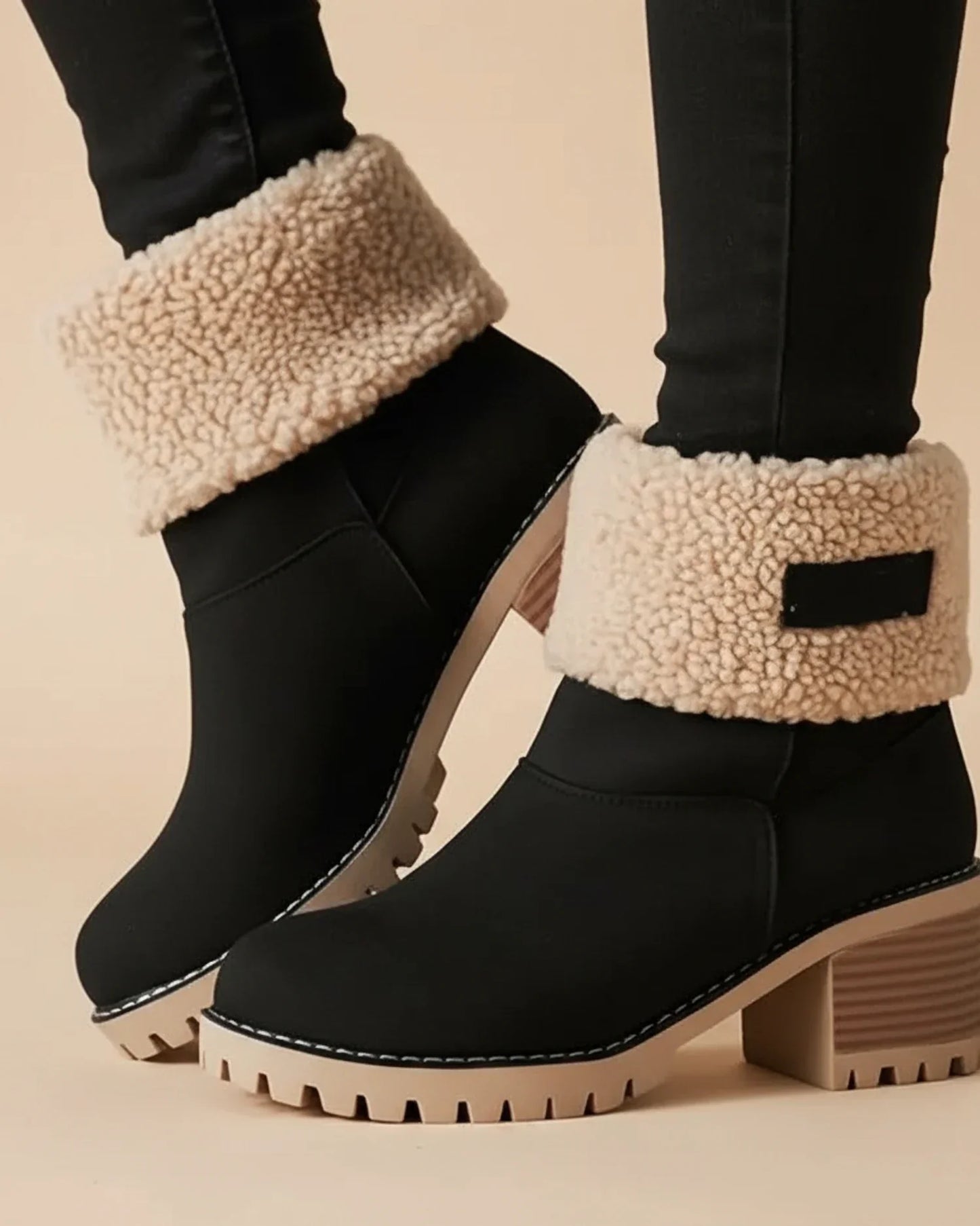Luvrefashion | Cuffed Sherpa Lined Block Heel Ankle Boots for in Black - front view
