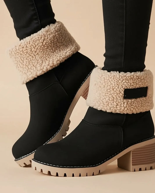 Luvrefashion | Cuffed Sherpa Lined Block Heel Ankle Boots for in Black - front view