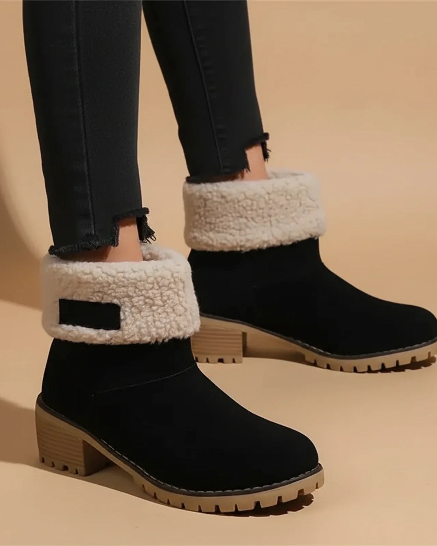 Luvrefashion | Cuffed Sherpa Lined Block Heel Ankle Boots for in Black - back view