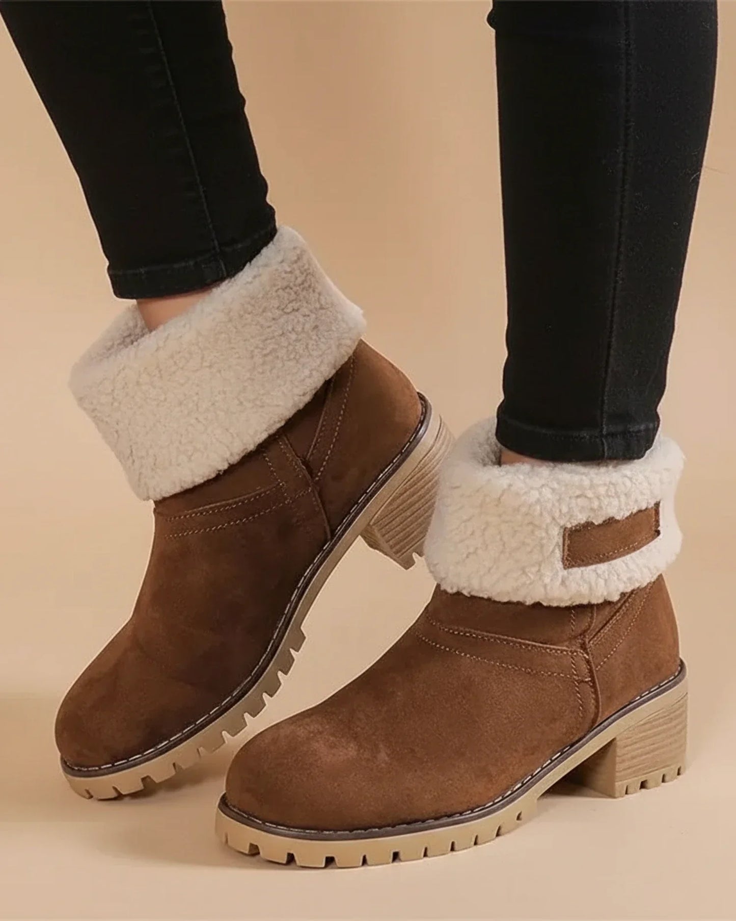 Luvrefashion | Cuffed Sherpa Lined Block Heel Ankle Boots for in Black - detail view
