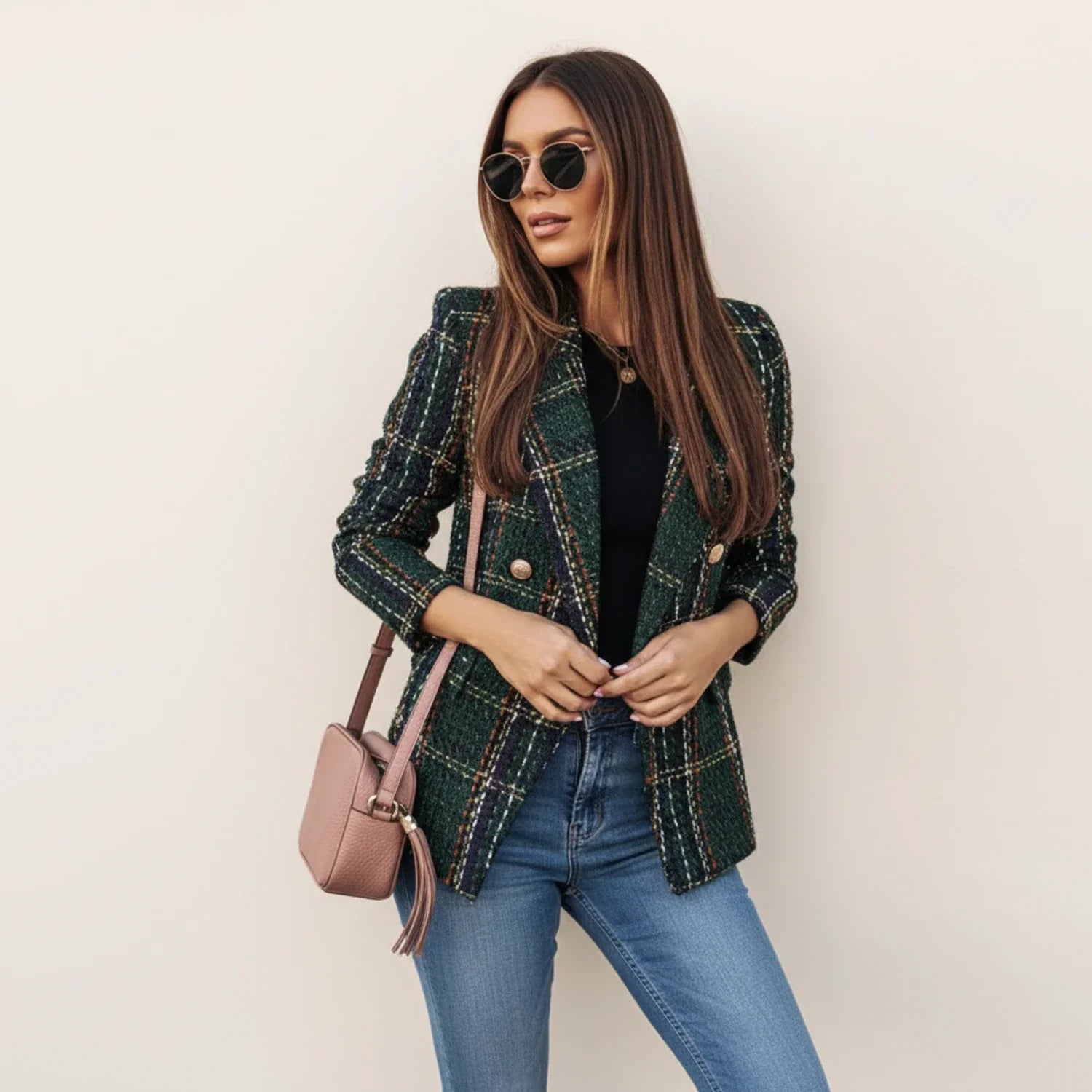 Luvrefashion | Plaid Double Breasted Blazer for in Brown - side view