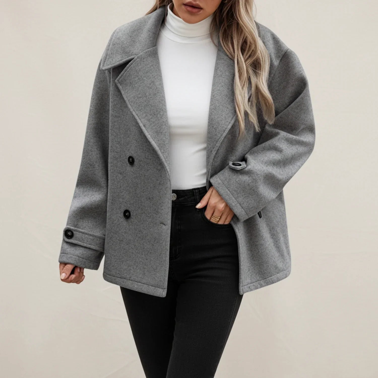 Luvrefashion | Double Breasted Winter Pea Coat for in Gray - side view