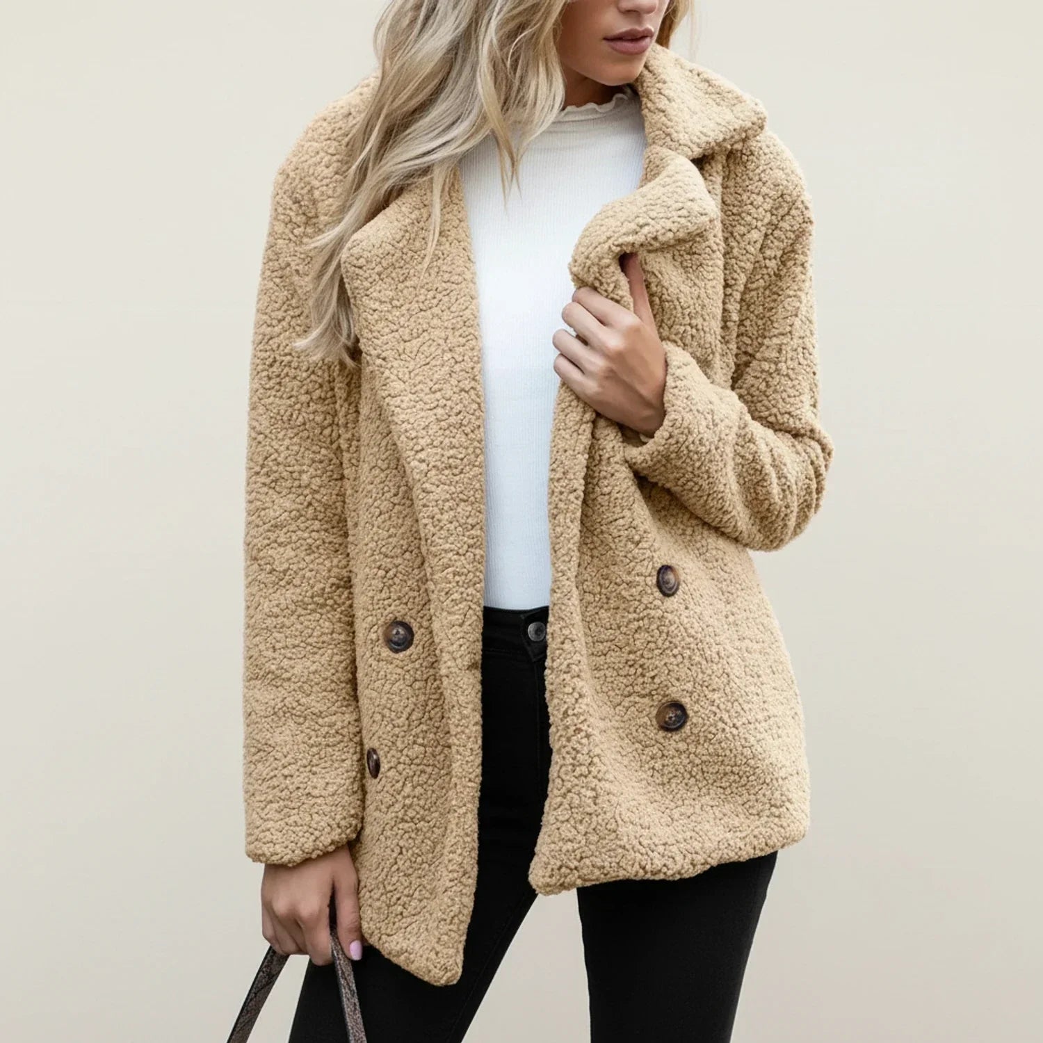 Luvrefashion | Double Breasted Teddy Peacoat for in Beige - detail view