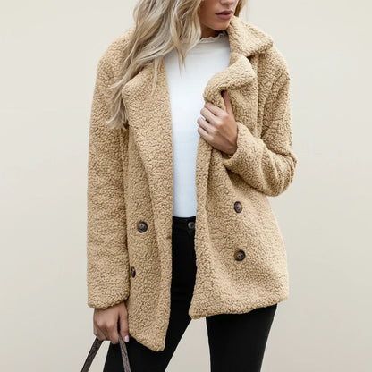 Luvrefashion | Double Breasted Teddy Peacoat for in Beige - detail view