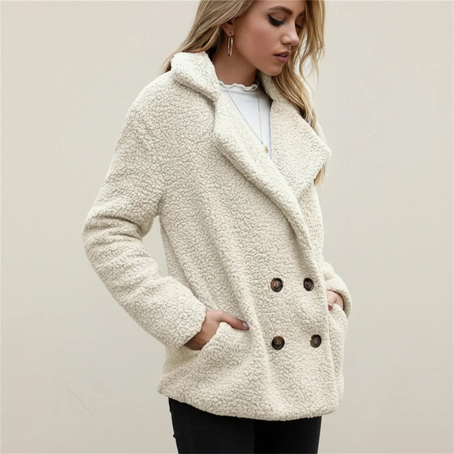 Luvrefashion | Double Breasted Teddy Peacoat for in Beige - back view