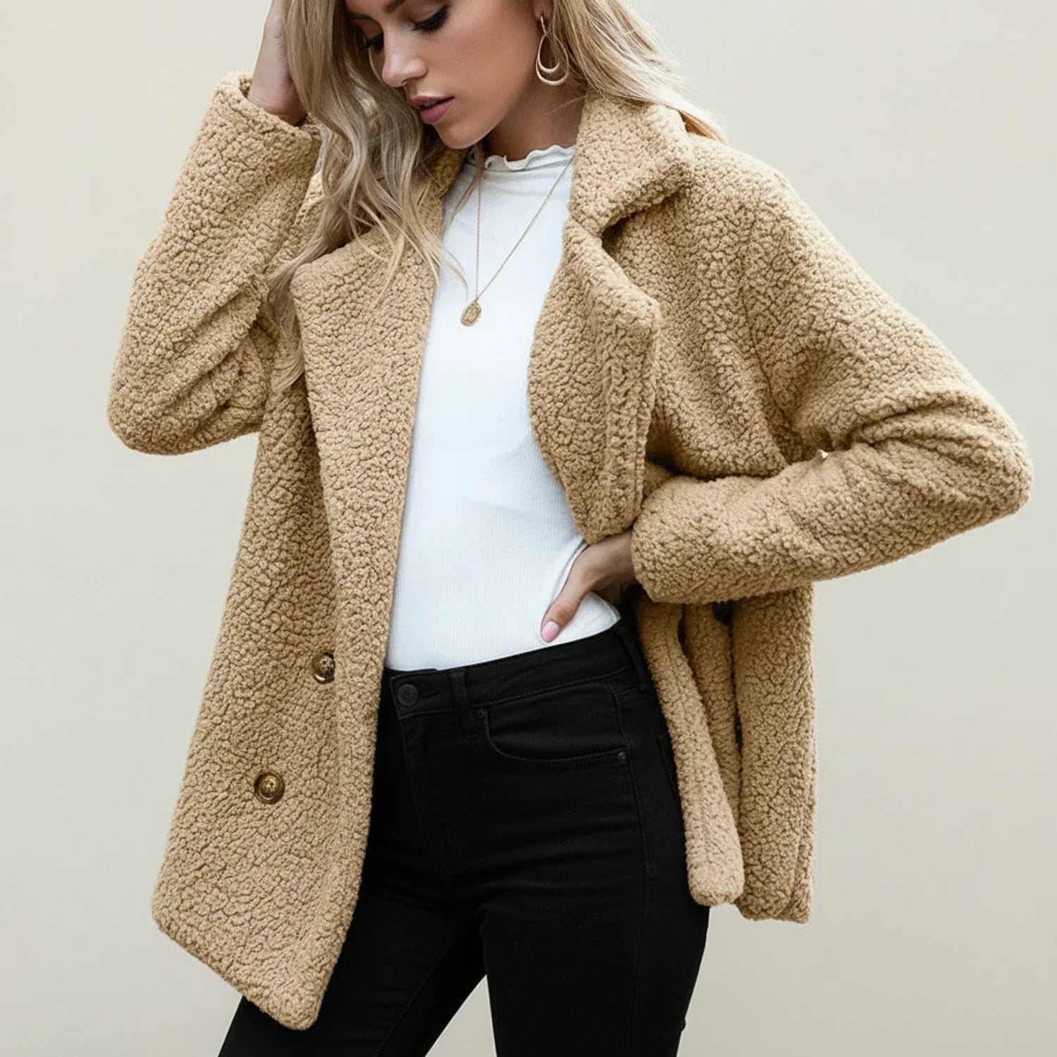 Luvrefashion | Double Breasted Teddy Peacoat for in Beige - styled look