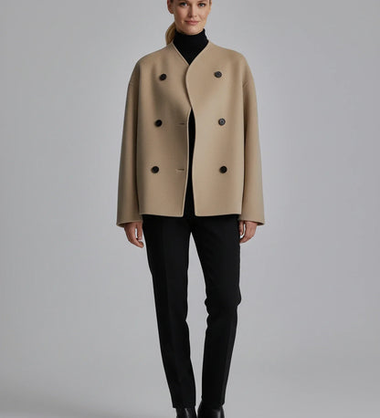 Luvrefashion | Ladies' Collarless Double Breasted Short Jacket in Khaki - back view