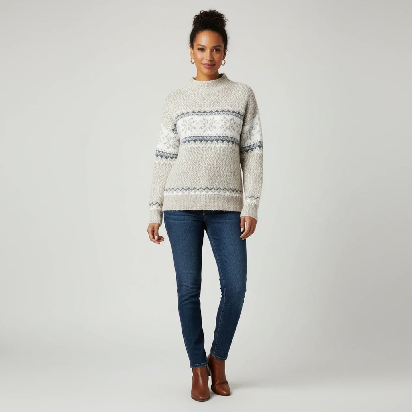 Luvrefashion | Mock Neck Pullover Sweater with Fair Isle Pattern for in Pink - image 6