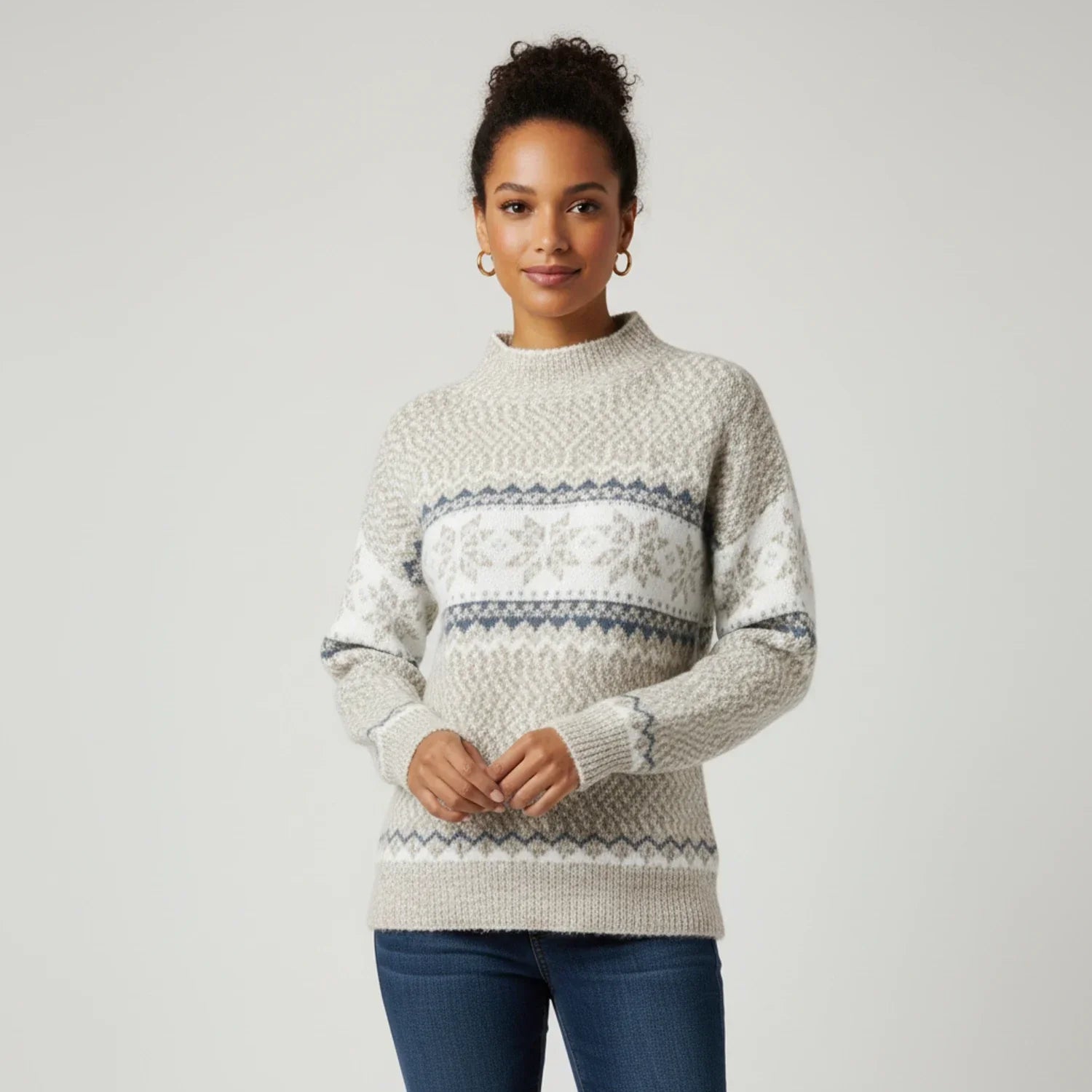 Luvrefashion | Mock Neck Pullover Sweater with Fair Isle Pattern for in Pink - detail view