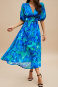 Vestido midi acampanado floral con escote en V para mujer