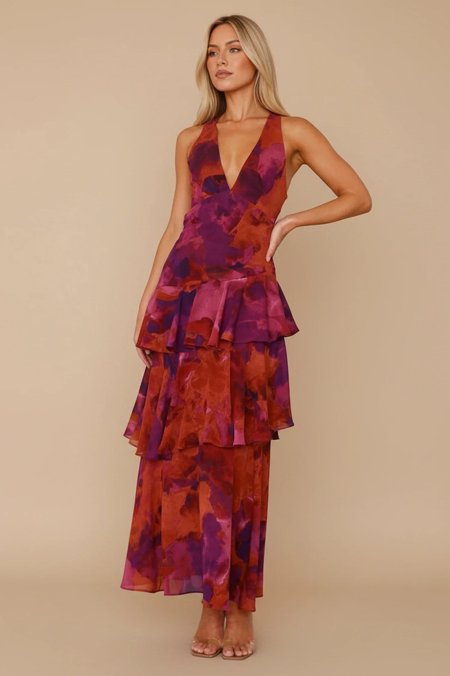 Luvrefashion | Floral V Neck Maxi Dress for in Green - detail view