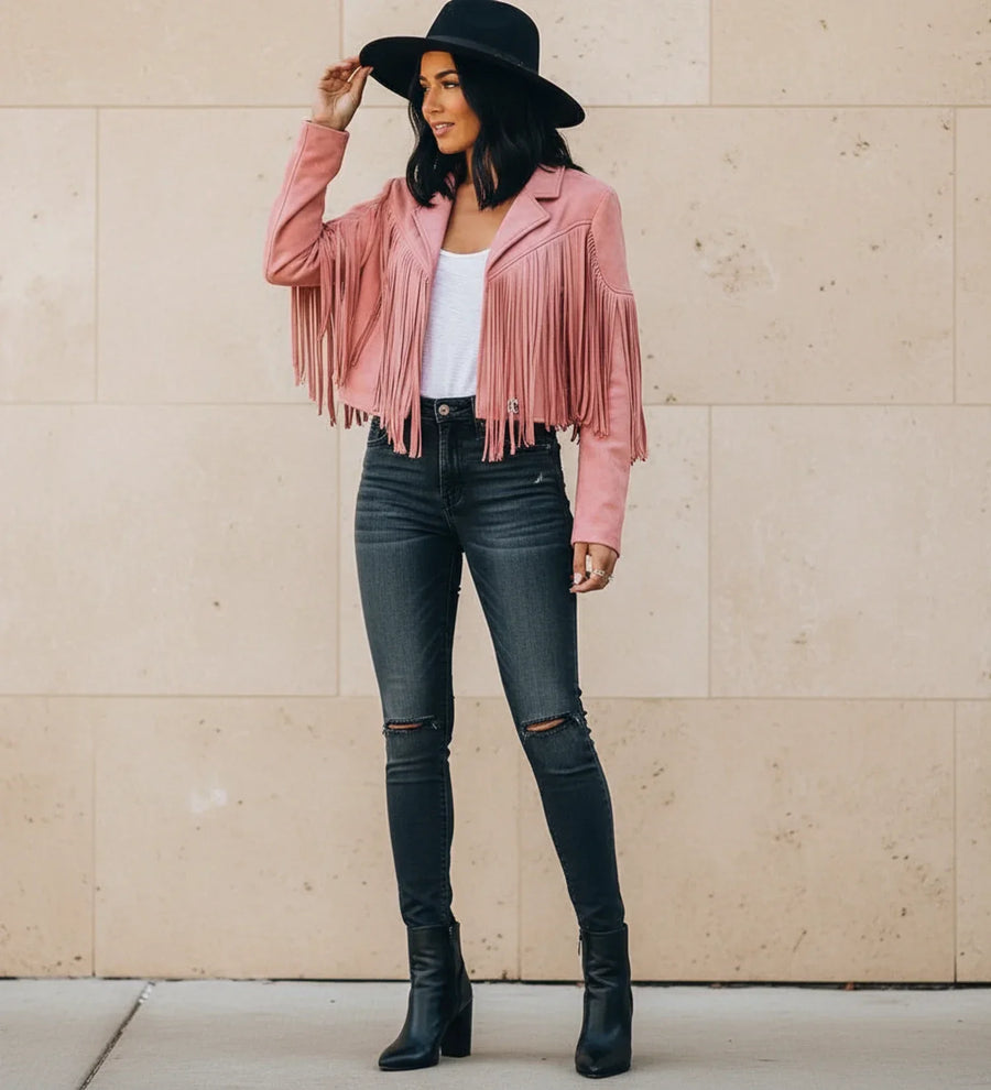 Luvrefashion | Fringed Motorcycle Jacket for in Pink - front view