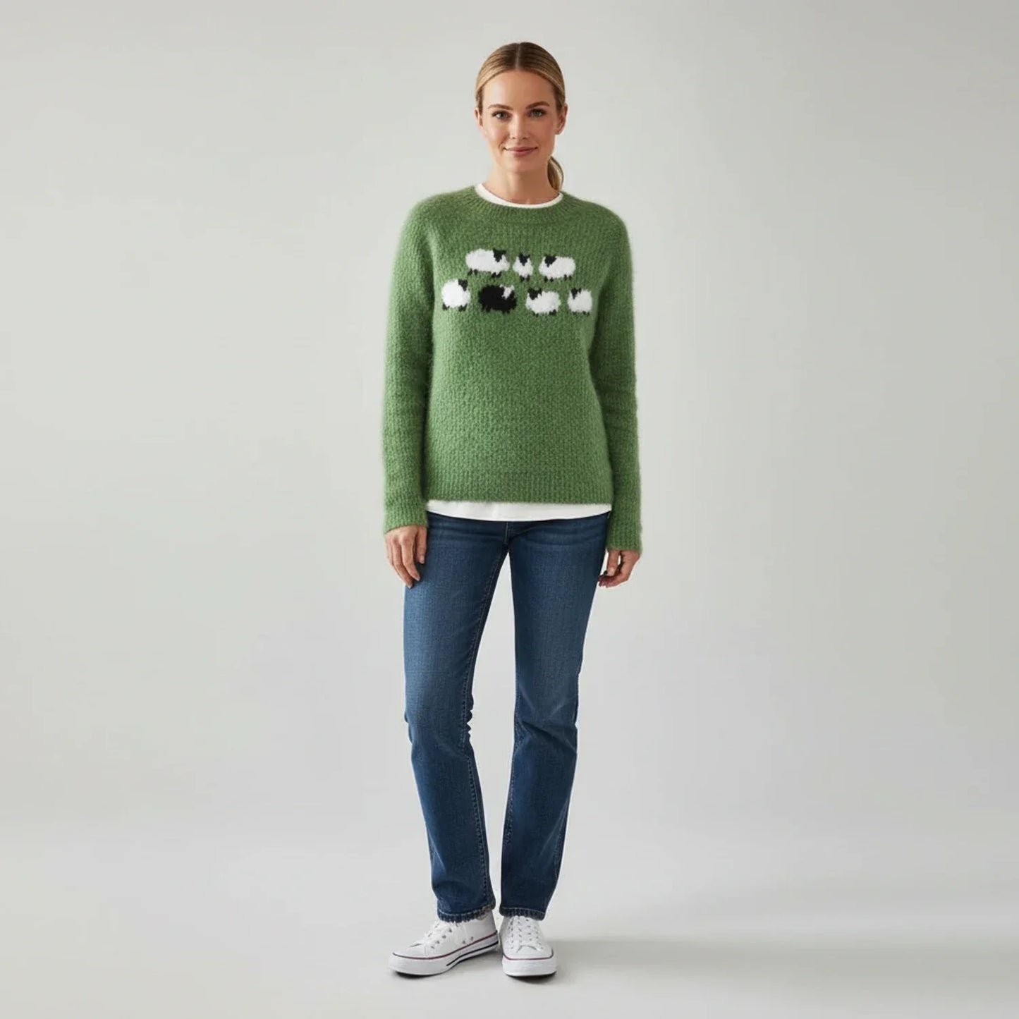 Luvrefashion | Black Sheep Graphic Pullover Sweater in Green - back view