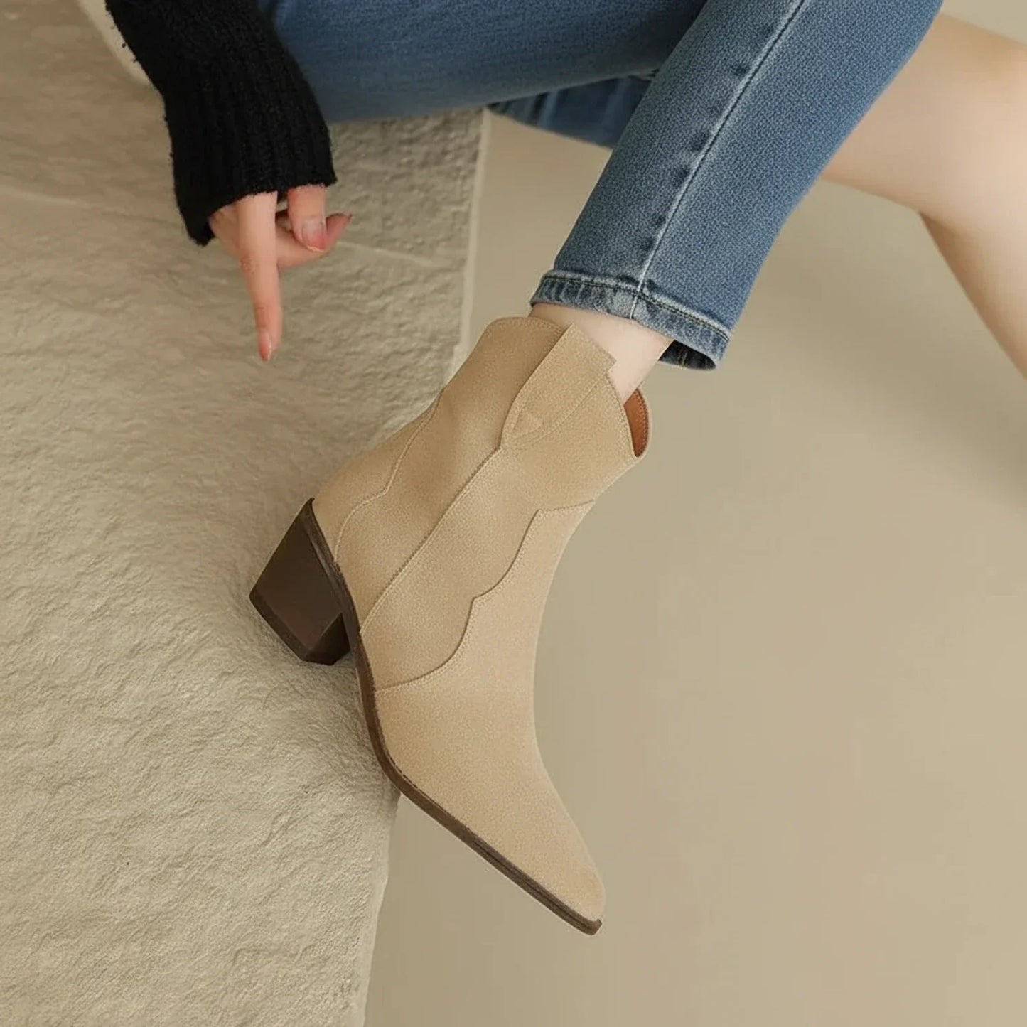 Luvrefashion | Ladies' Western Style Ankle Boots in Apricot - detail view