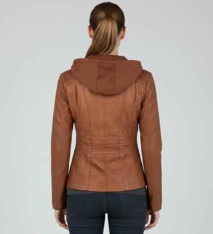 Luvrefashion | Tailored Moto Jacket with Hood in Brown - detail view