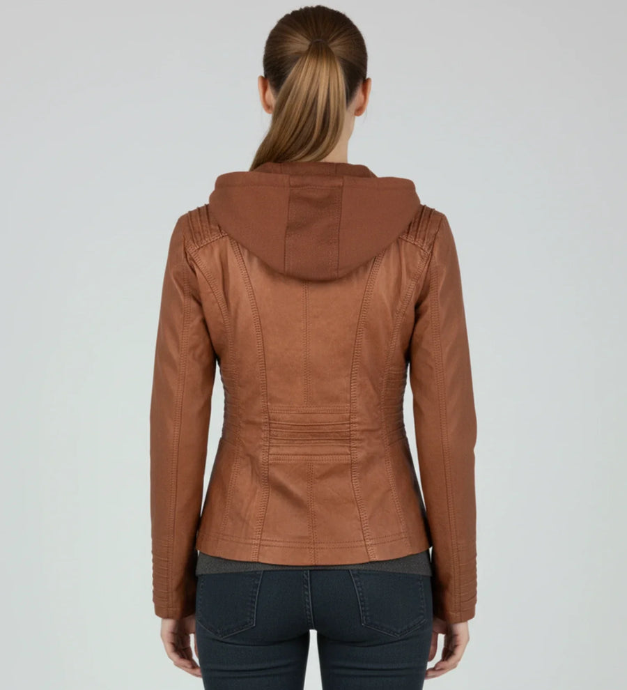 Luvrefashion | Tailored Moto Jacket with Hood in Brown - detail view