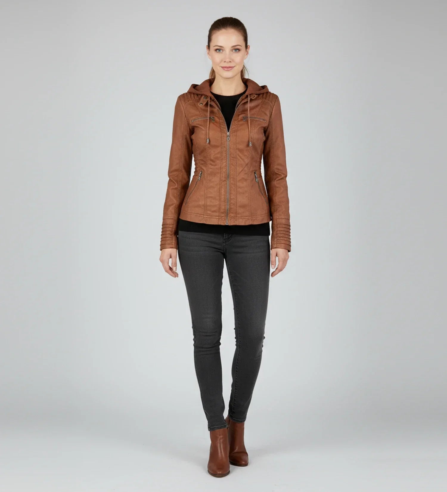 Luvrefashion | Tailored Moto Jacket with Hood in Brown - back view