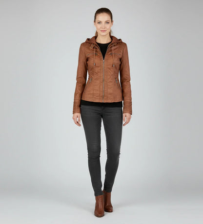 Luvrefashion | Tailored Moto Jacket with Hood in Brown - back view