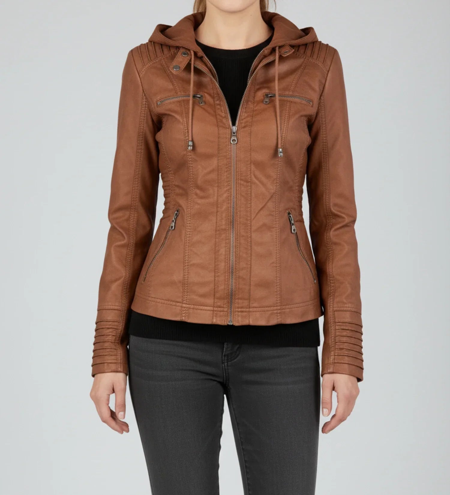 Luvrefashion | Tailored Moto Jacket with Hood in Brown - side view