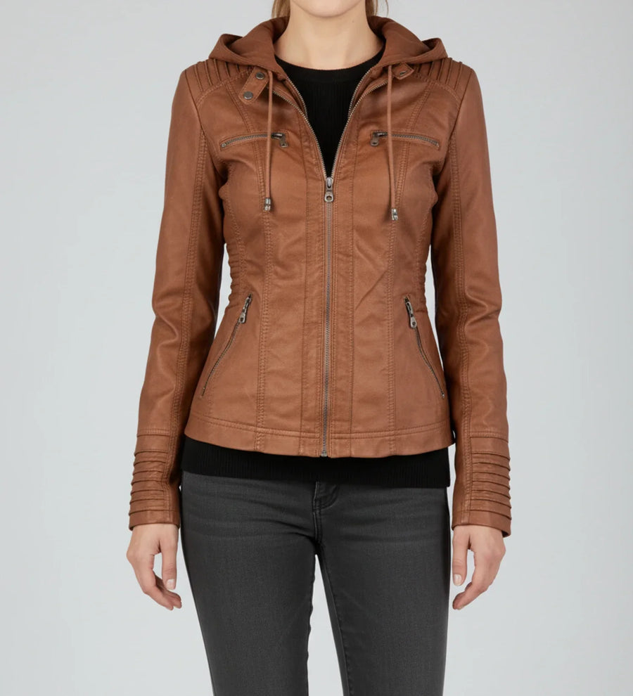Luvrefashion | Tailored Moto Jacket with Hood in Brown - side view