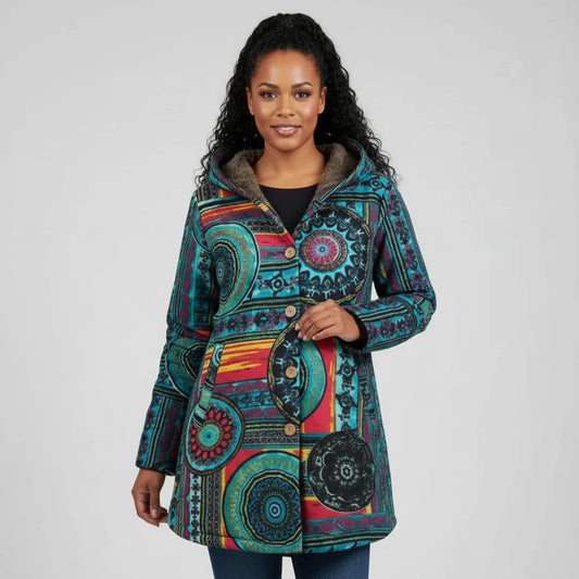 Luvrefashion | Bohemian Hooded Winter Jacket for in Multicolor - front view