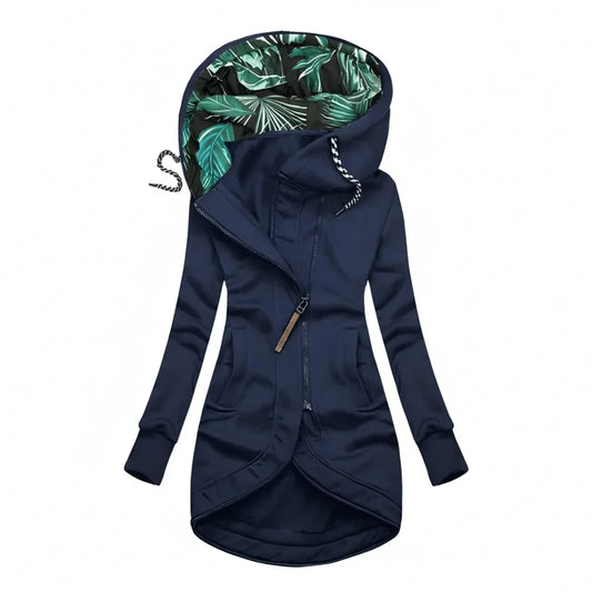 Luvrefashion | Hooded Winter Jacket with Tunic Length in Navy Blue - front view