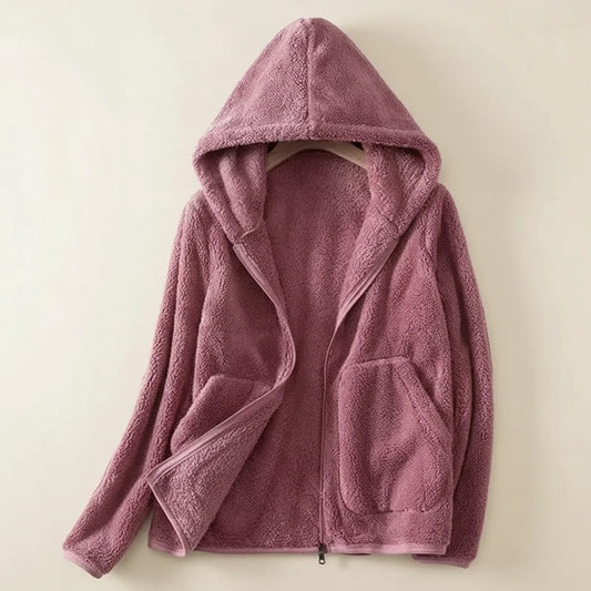 Luvrefashion | Ladies' Fleece Jacket with Hood in Pink - front view