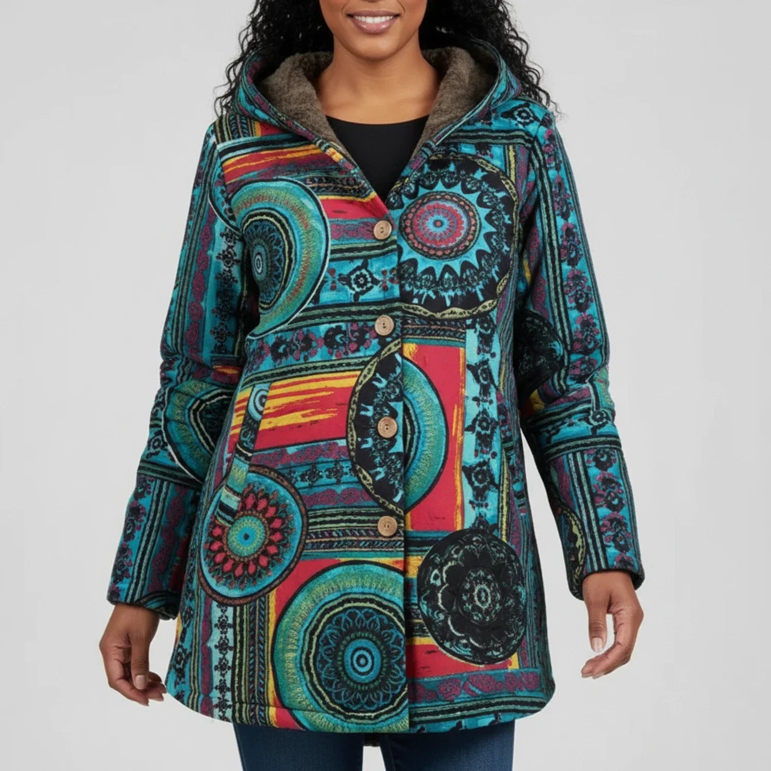 Luvrefashion | Bohemian Hooded Winter Jacket for in Multicolor - side view