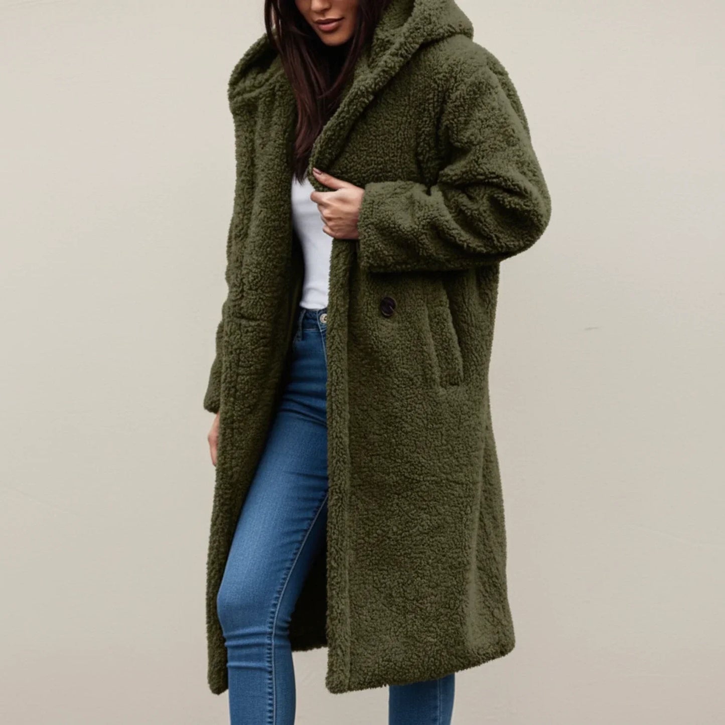 Luvrefashion | Long Teddy Hooded Winter Coat in Green - front view